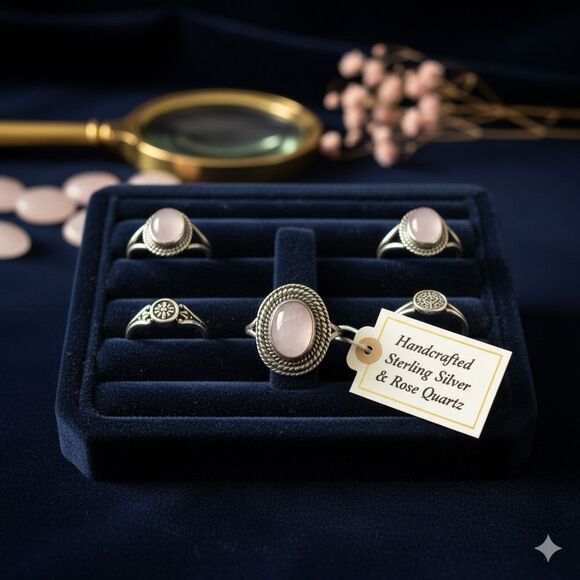 Natural Rose Quartz Gemstone Ring Oval Framed Size 4 New - Picture 6 of 6